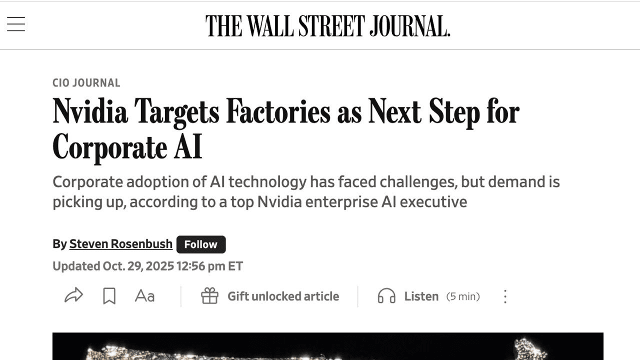 The Wall Street Journal — Nvidia Targets Factories as Next Step for Corporate AI