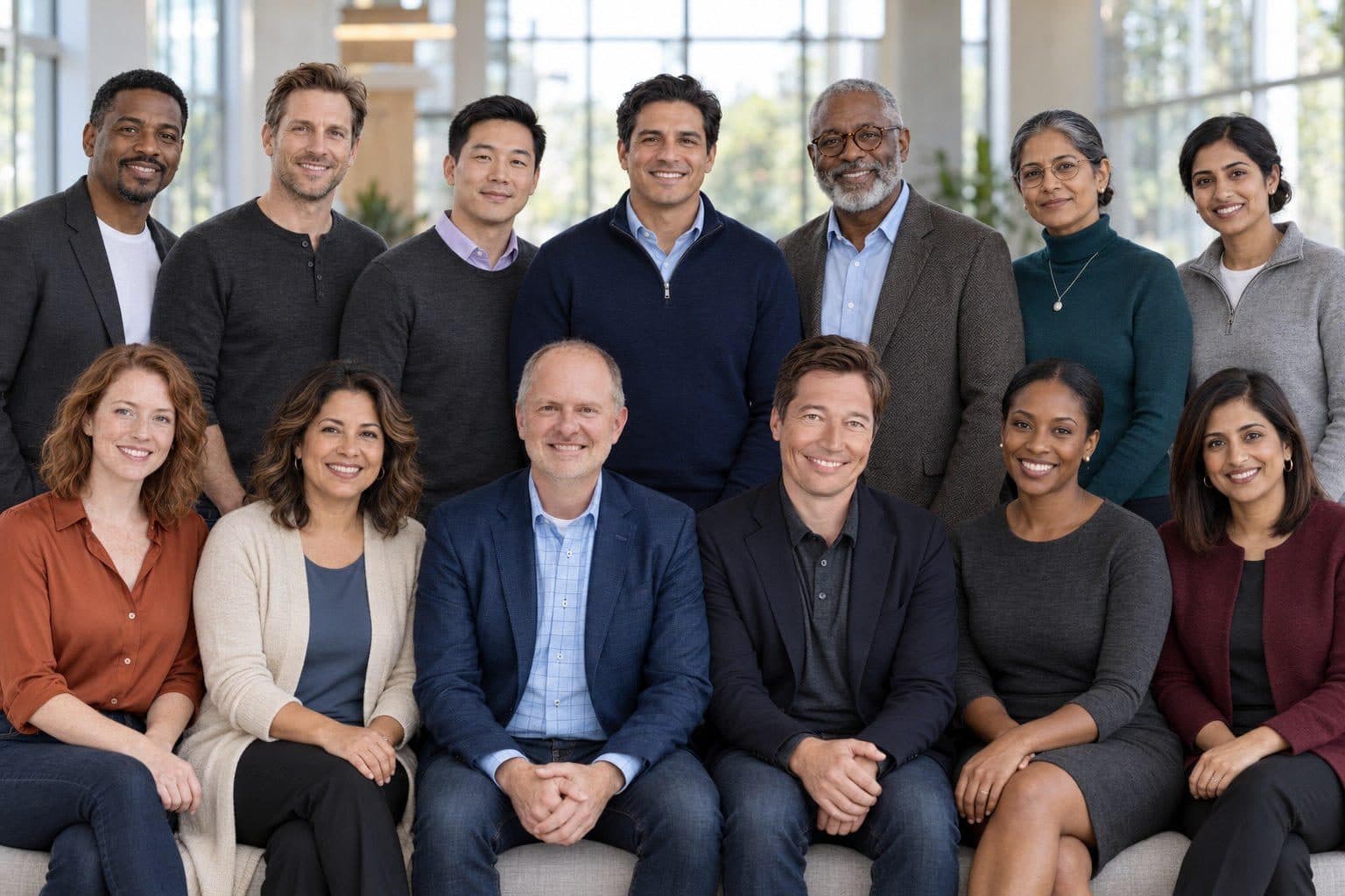 A group portrait of the Mindspan Labs team: Jeremy Korst and Justin Tacy photographed, with eleven AI-generated depictions of the firm's AI agents.